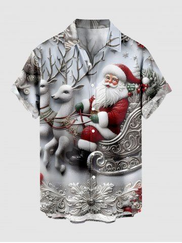 Plus Size Christmas Snata Claus Sled Elk Snowflake Flowers Print Buttons Pocket Shirt For Men - LIGHT GRAY - S