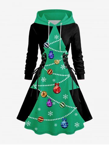 Plus Size Cosplay Christmas Tree Ball Snowflake Print Lace Up A Line Hooded Dress - GREEN - 1X
