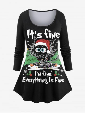 Plus Size Christmas Tree Hat Cat Letters Print Long Sleeves T-shirt - BLACK - S