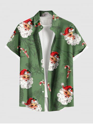 Plus Size Christmas Santa Claus Candy Branch Print Button Pocket Shirt For Men - GREEN - S