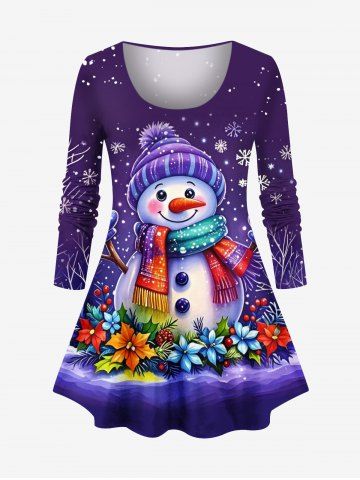 T-shirt à manches longues grande taille avec imprimé de flocons de neige et bonhommes de neige et fleurs colorées - PURPLE - S
