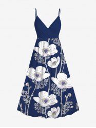 Robe à bretelles croisées à imprimé floral et feuilles grande taille, style hawaïen - Bleu Marine L