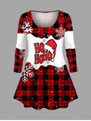 Plus Size Christmas Hat Plaid Snowflake Print Long Sleeves T-shirt -  