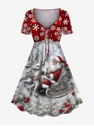 Plus Size Christmas Snata Claus Sled Elk Snowflake Flowers Plaid Print Cinched Dress -  
