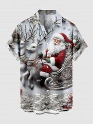 Plus Size Christmas Snata Claus Sled Elk Snowflake Flowers Print Buttons Pocket Shirt For Men -  