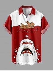 Chemise de Noël grande taille pour homme, imprimé colorblock Père Noël et pain d'épice, boutons et poche. - Rouge 6XL