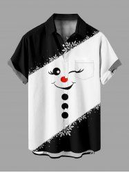 Plus Size Christmas Snowman Face Snowflake Colorblock Print Buttons Pocket Shirt For Men -  