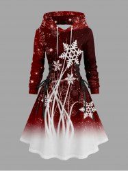 Robe à capuche grande taille à imprimé flocons de neige ombré, paillettes et colorblock, laçage et cordon de serrage - Rouge L