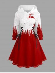Plus Size Christmas Tree Elk Colorblock Print Lace Up Drawstring Hoodie Dress -  