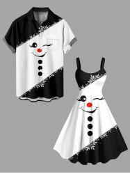 Christmas Snowman Face Snowflake Colorblock Print Plus Size Matching Outfit For Couples -  