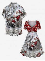 Christmas Snata Claus Sled Elk Snowflake Flowers Plaid Print Plus Size Matching Outfit For Couples -  