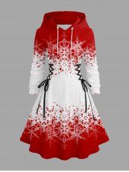Plus Size Christmas Snowflake Colorblock Print Lace Up Drawstring Hoodie Dress -  