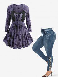 Floral Butterfly Graphic Top and 3D Lace Lace-up Distressed Ombre Denim Print Leggings Plus Size Outfit -  