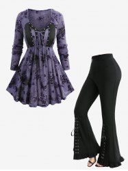Floral Butterfly Print Top and Lace Up Pocket Ruffles Flare Pants Plus Size Outfit -  