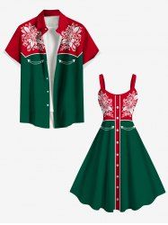 Christmas Flower Leaf Holly Print Plus Size Matching Outfit For Couples -  