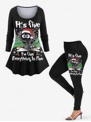 Christmas Tree Hat Cat Letters Print Long Sleeves T-shirt and Leggings Plus Size Matching Set -  