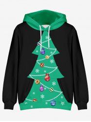 Sweat à capuche à manches longues pour homme, imprimé sapin de Noël, boules et flocons de neige, avec poche et cordon de serrage, grandes tailles. - Vert 2XL