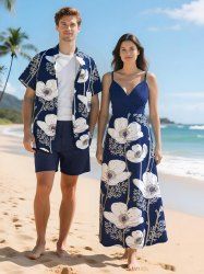 Flowers Leaf Print Plus Size Matching Hawaii Beach Outfit For Couples -  