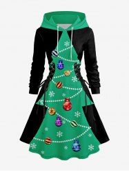 Plus Size Cosplay Christmas Tree Ball Snowflake Print Lace Up A Line Hooded Dress -  