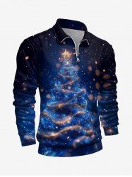 Plus Size Glitter Christmas Tree Galaxy Print Half Zipper Long Sleeves Polo Shirt For Men -  