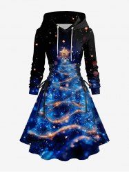 Plus Size Glitter Christmas Tree Galaxy Print Lace Up A Line Hooded Dress -  