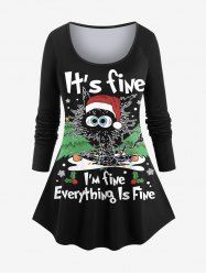 Plus Size Christmas Tree Hat Cat Letters Print Long Sleeves T-shirt -  