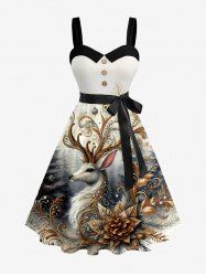 Plus Size Christmas Tree Elk Ball Vintage Flower Print Button A Line Dress with Removable Belt -  