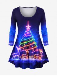 T-shirt à manches longues grande taille avec imprimé 3D pailleté sapin de Noël et élan - Bleu Ciel XS