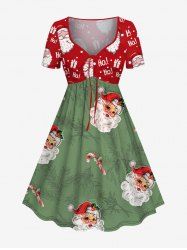 Plus Size Christmas Santa Claus Gift Letter Candy Branch Print Cinched A Line Dress -  