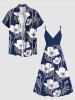 Robe à bretelles croisées à imprimé floral et feuilles grande taille, style hawaïen - Bleu Marine L