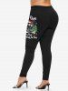 Plus Size Christmas Tree Hat Cat Letters Print Leggings -  