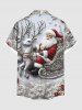 Plus Size Christmas Snata Claus Sled Elk Snowflake Flowers Print Buttons Pocket Shirt For Men -  