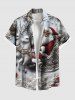 Plus Size Christmas Snata Claus Sled Elk Snowflake Flowers Print Buttons Pocket Shirt For Men -  