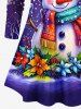 T-shirt à manches longues grande taille avec imprimé de flocons de neige et bonhommes de neige et fleurs colorées - Pourpre  M