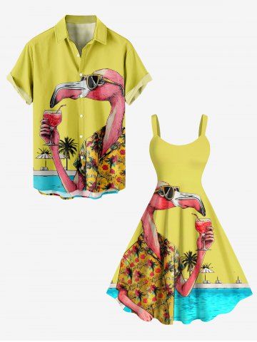 Flamingo Coconut Tree Fruit Juice Seascape Print Plus Size Matching Hawaii Beach Outfit For Couples - YELLOW
