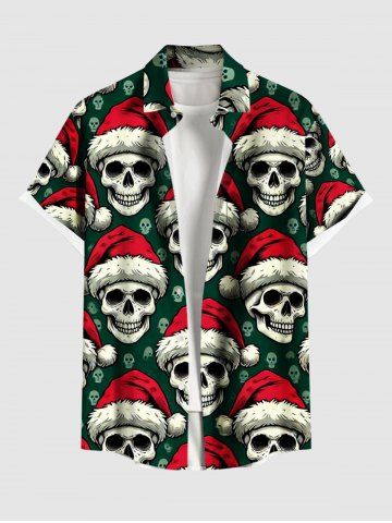 Plus Size Christmas Hat Skulls Print Buttons Pocket Shirt For Men - GREEN - 5XL