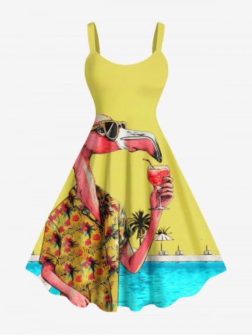Plus Size Flamingo Coconut Tree Fruit Juice Seascape Print Hawaii Tank Dress - YELLOW - M