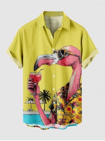Plus Size Flamingo Coconut Tree Fruit Juice Seascape Print Buttons Pocket Hawaii Shirt For Men - YELLOW - 5XL