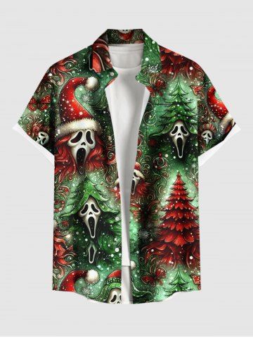Plus Size Christmas Tree Hat Skulls Ghost Butterfly Print Buttons Pocket Shirt For Men - GREEN - S