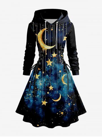 Plus Size Galaxy Moon Star Tassel Print Lace Up Drawstring Hoodie Dress - BLACK - S