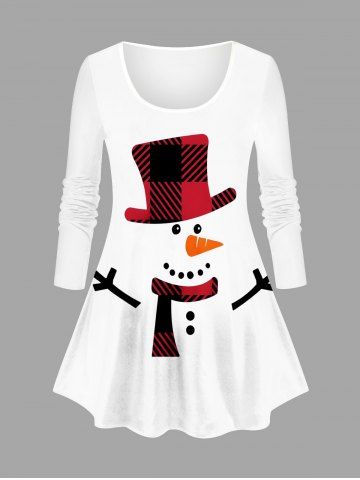 Plus Size Christmas Snowman Plaid Print Long Sleeves T-shirt - WHITE - L