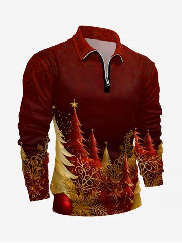 Plus Size Christmas Tree Leaf Print Half Zipper Polo Shirt For Men - RED - S