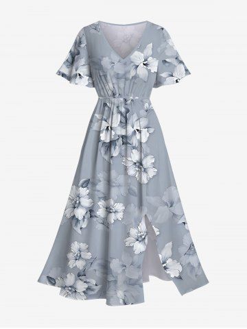 Plus Size Flowers Leaf Print Split Hawaii Midi Dress - LIGHT GRAY - 1X