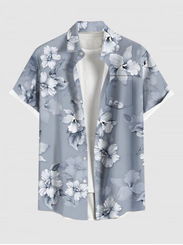 Plus Size Flowers Leaf Print Buttons Pocket Hawaii Shirt For Men - DARK GRAY - 4XL