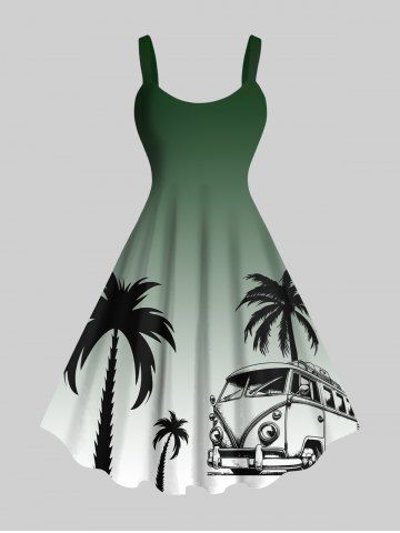 Robe trapèze hawaïenne grande taille à imprimé dégradé et motif cocotier, bus - GREEN - 1X