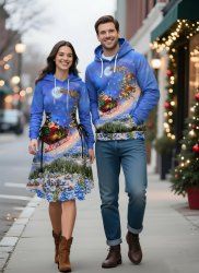 Christmas Tree Santa Claus Elk Sled Galaxy Print Plus Size Matching Outfit For Couples -  