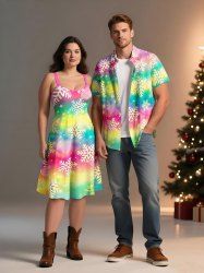 Christmas Ombre Tie Dye Snowflake Print Plus Size Matching Outfit For Couples -  