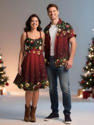 Ensemble assorti grande taille pour couples : boule de Noël, nœud papillon, étoile, pompon, houx et imprimé fruits - Rouge 