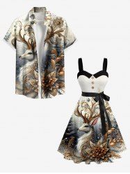Christmas Tree Elk Ball Vintage Flower Print Plus Size Matching Outfit For Couples -  