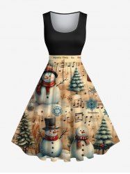 Robe trapèze vintage grande taille, imprimé ombré sapin de Noël bonhomme de neige et symboles musicaux - Noir 2X